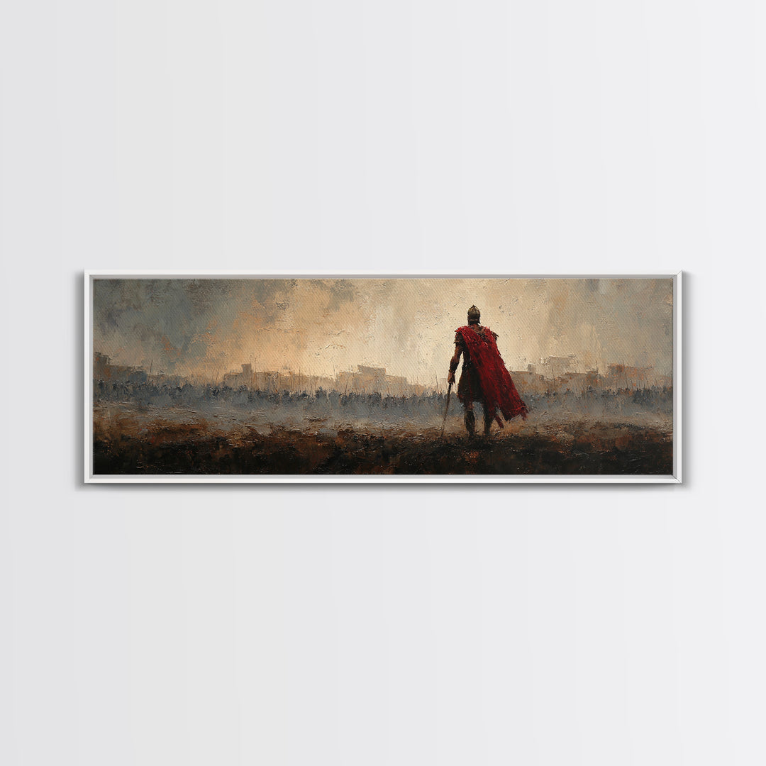 Roman Warrior In Red Cape Over Ancient City Canvas Print, Classical Wall Art, Masculine Office Decor, Historical Gift For Him