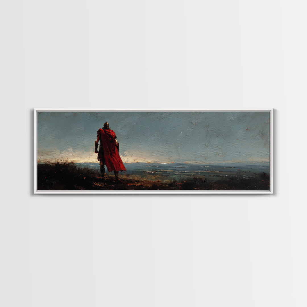 Lone Warrior In Red Cloak Wall Art, Epic Fantasy Landscape Canvas Print, Moody Medieval Decor, Statement Artwork, Gift For Him