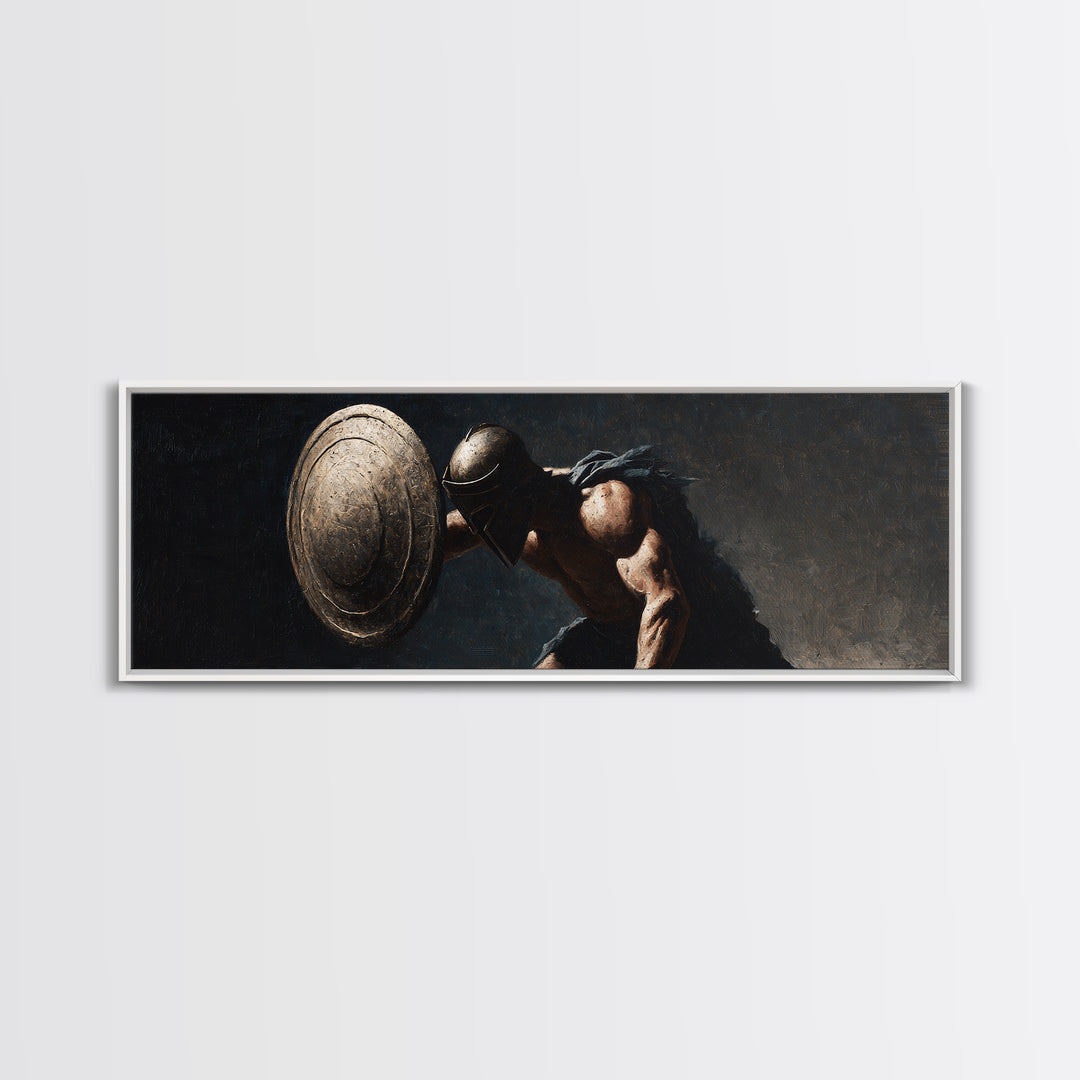 Ancient Hoplite With Round Shield Canvas Print, Greek Warrior Wall Art, Masculine Office Decor, Dark Historical Artwork Gift