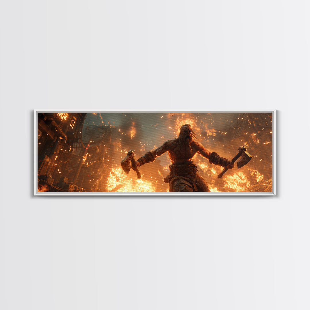 Viking Berserker With Twin Axes Wall Art, Burning Village Battle Scene, Norse Warrior Decor, Dark Fantasy Canvas Print, Large Art