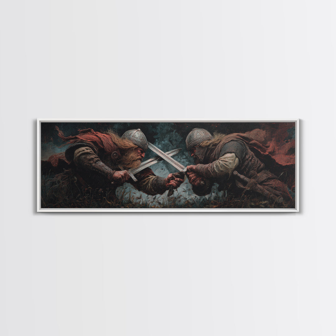 Viking Duel With Crossed Swords Framed Canvas Print, Dark Fantasy Wall Art, Medieval Warrior Decor, Man Cave Art, Gift For Him