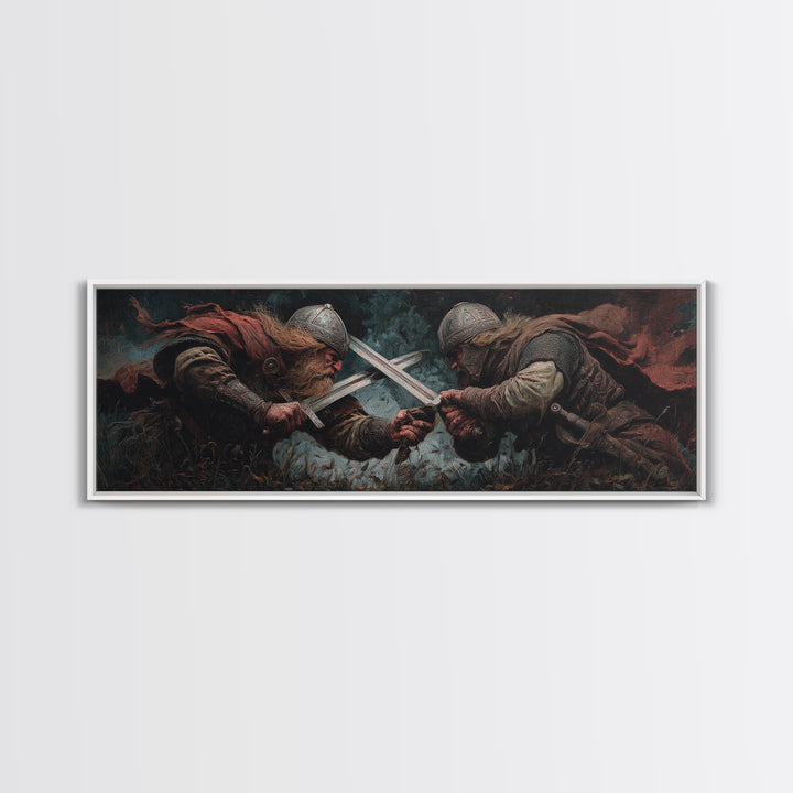 Viking Duel With Crossed Swords Framed Canvas Print, Dark Fantasy Wall Art, Medieval Warrior Decor, Man Cave Art, Gift For Him
