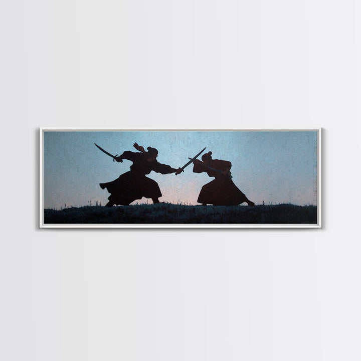 Samurai Duel Silhouette Wall Art, Japanese Warrior Canvas Print, Minimal Black And White Decor For Office And Living Room