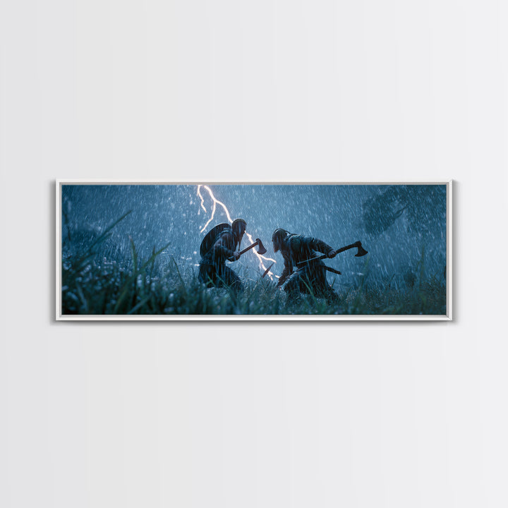 Viking Warriors In Lightning Rain Canvas Print, Dark Medieval Battle Wall Art, Stormy Fantasy Decor, Dramatic Game Room Decor
