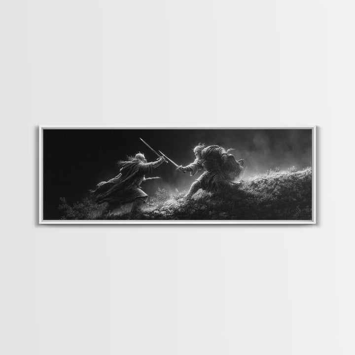 Black And White Warrior Duel Wall Art, Dark Fantasy Battle Print, Cinematic Viking Decor, Masculine Office, Gift For Him
