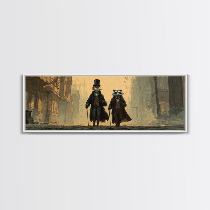 Dapper Fox And Raccoon Stroll Wall Art, Whimsical Animal Portrait, Victorian Street Fantasy Decor For Kids Room Canvas Print