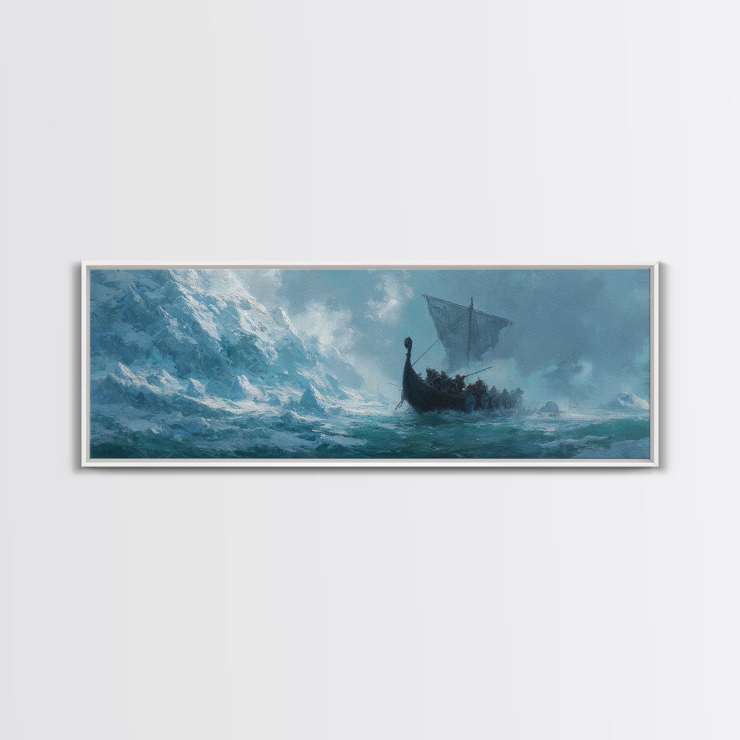 Viking Longship On Stormy Sea Wall Art, Nordic Ocean Seascape Painting, Nautical Living Room Decor, Adventure Gift For Him