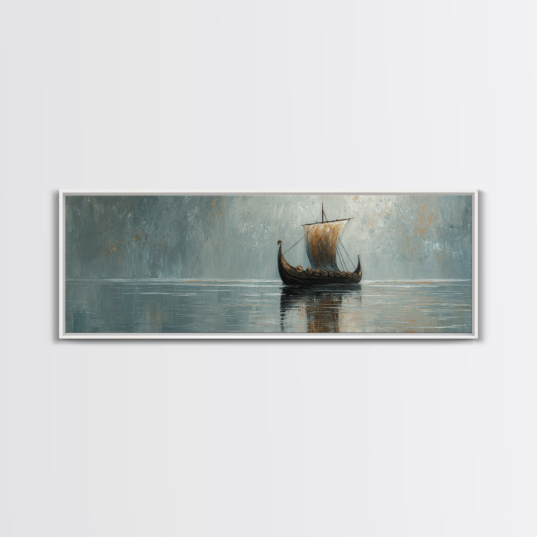Viking Longship Sailing Through Misty Waters Canvas Print, Nautical Wall Art, Nordic Decor, Lake House Coastal Artwork Gift