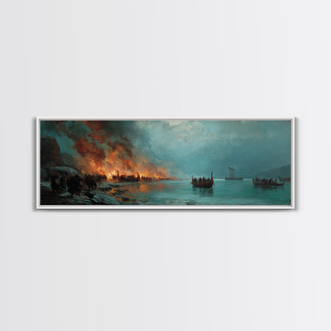 Viking Longboats By Burning Shore Framed Canvas Print, Nordic Seascape, Historical Wall Art, Moody Nautical Decor, Large Horizontal Art