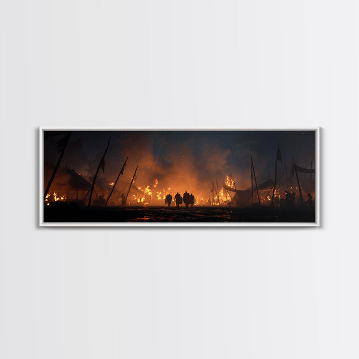 Burning Medieval Camp At Night Wall Art, Dark Fantasy Canvas Print, Fiery Battle Scene, Gothic Game Room Decor, Masculine Wall Decor