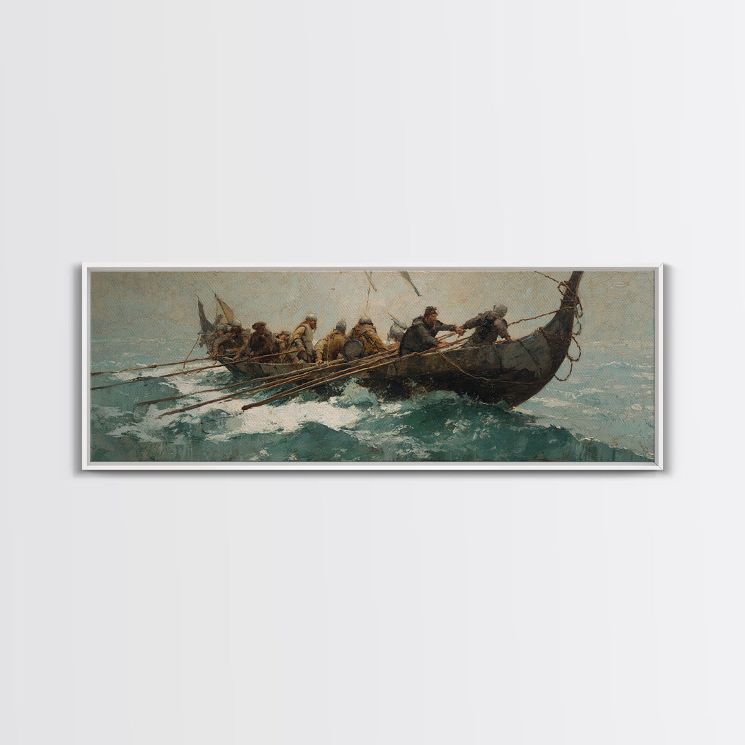 Viking Longboat Battling Turquoise Sea Wall Art, Nautical Canvas Print, Norse Warrior Decor, Coastal Historical Art For Men