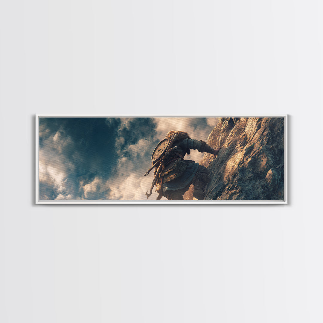 Viking Climber Scaling Sheer Cliff Wall Art, Adventure Fantasy Canvas Print, Nordic Landscape Decor, Gift For Him, Office Poster