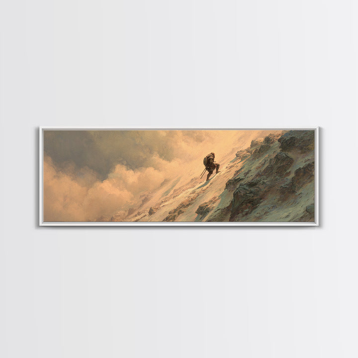 Lone Mountaineer On Snowy Cliff Wall Art, Epic Fantasy Landscape Canvas, Mountain Adventure Decor For Office And Man Cave