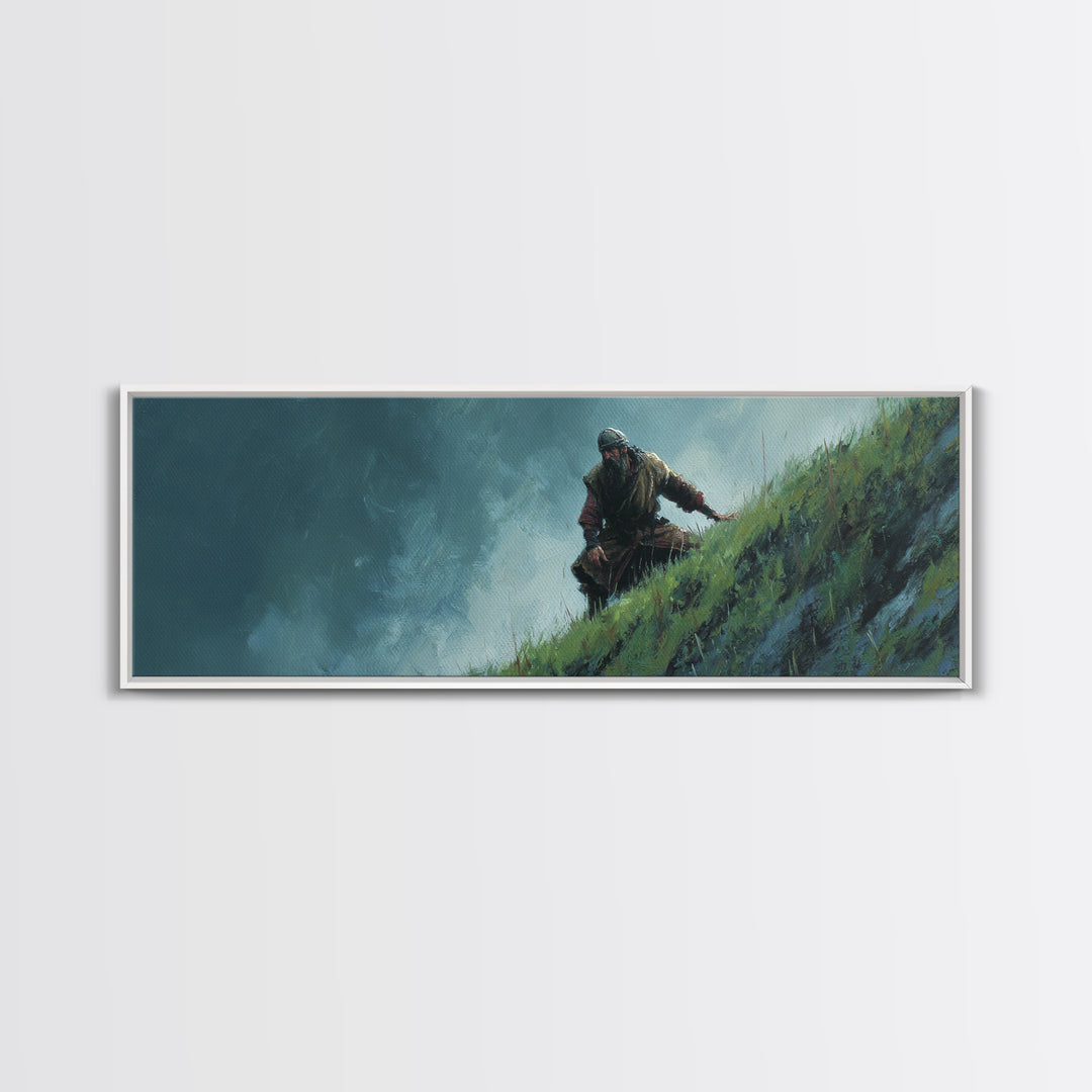 Warrior Climbing Windy Green Cliff Framed Canvas Print, Adventure Fantasy Wall Art, Moody Nature Decor For Office And Bedroom