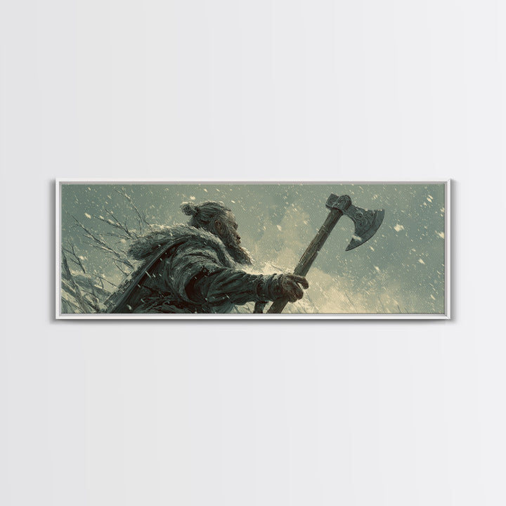 Snowy Viking Warrior With Battle Axe Wall Art, Dark Fantasy Winter Canvas Print, Nordic Masculine Office And Cabin Decor