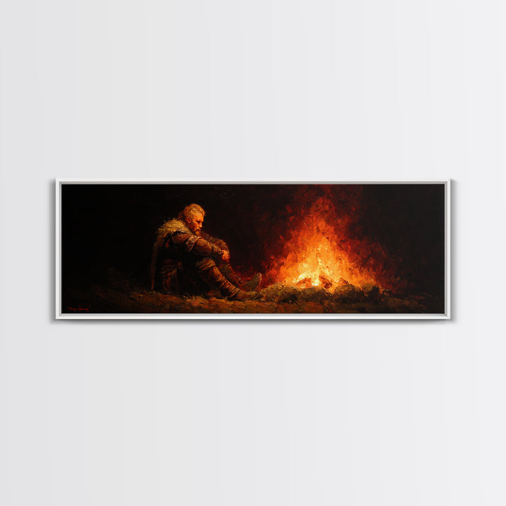 Lonely Traveler Campfire Canvas Print, Dark Fantasy Wall Art, Moody Wilderness Decor, Survival Poster, Rustic Cabin Gift