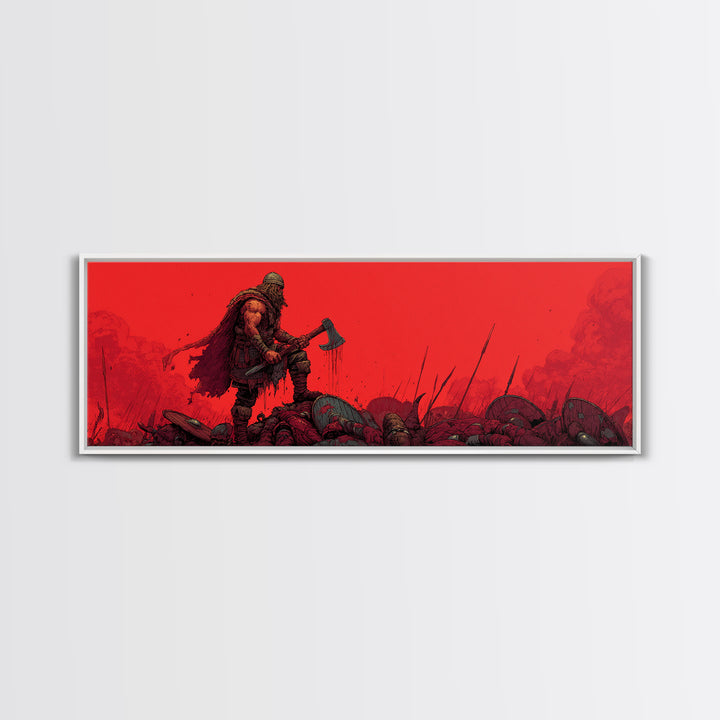 Red Berserker Axe Warrior On Fallen Battlefield Canvas Print, Dark Fantasy Viking Art, Gothic Man Cave Decor Gift For Him