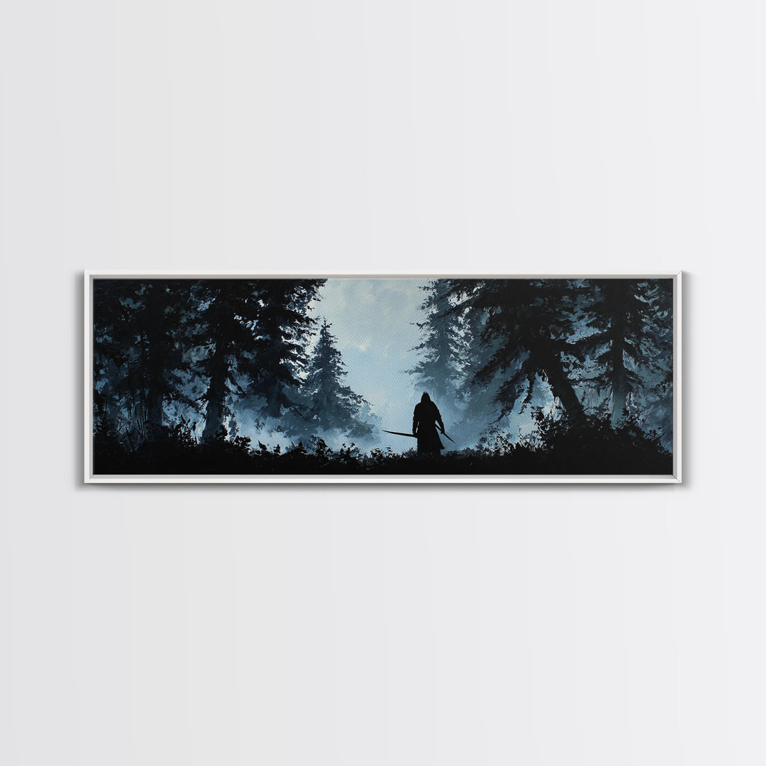 Shadowed Warrior In Misty Pine Forest Wall Art, Dark Fantasy Canvas Print, Moody Woodland Decor, Rustic Cabin Wall Decor