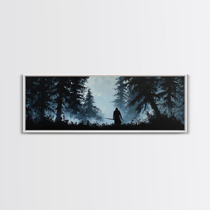 Shadowed Warrior In Misty Pine Forest Wall Art, Dark Fantasy Canvas Print, Moody Woodland Decor, Rustic Cabin Wall Decor