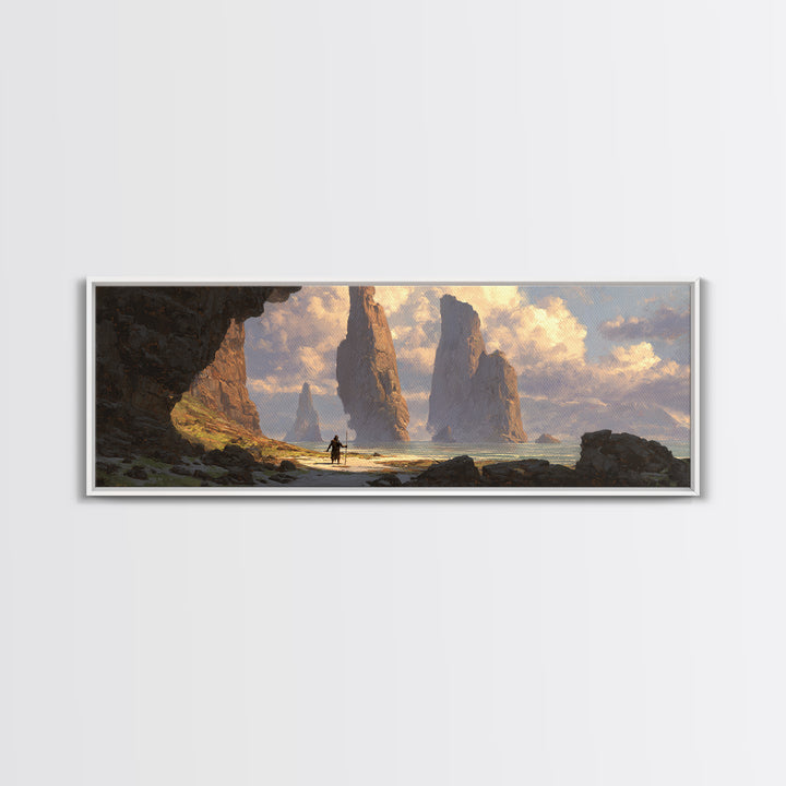 Epic Sea Cliffs With Lone Traveler Canvas Print, Fantasy Landscape Wall Art, Panoramic Coastal Decor, Adventure Art, Home Decor