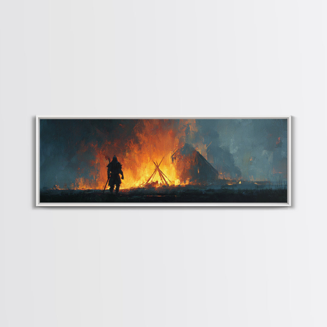 Warrior Before Blazing Village Fire Canvas Print, Dark Fantasy Wall Art, Medieval Battle Decor, Moody Rustic Home Decor Print