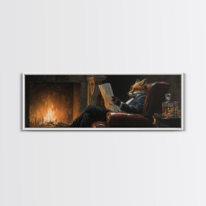 Fox Reading By Fireplace Canvas Print, Cozy Library Wall Art, Dark Academia Study Decor, Whimsical Animal Living Room Art Print
