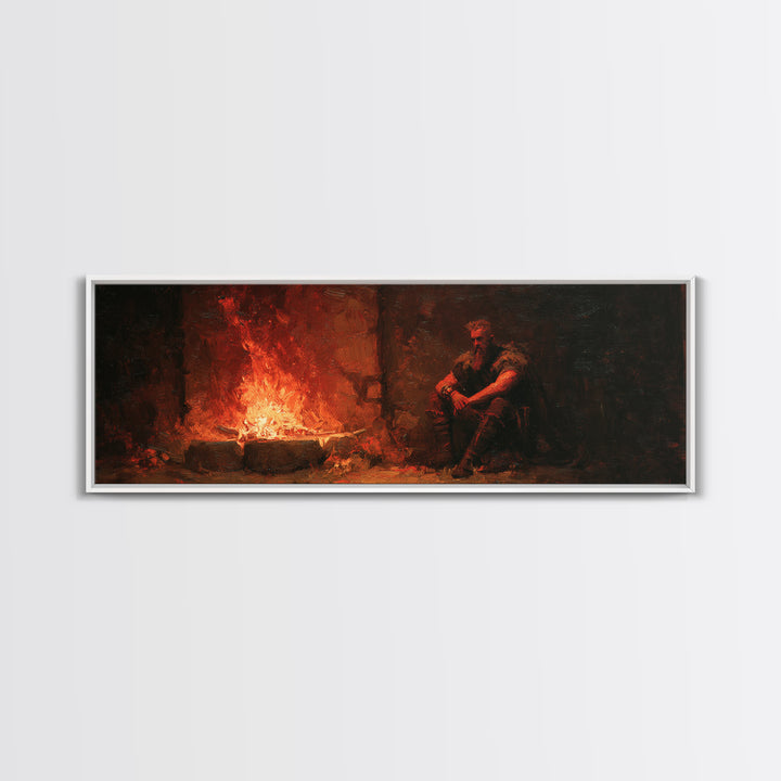 Brooding Medieval Warrior Beside Fiery Hearth Canvas Print, Moody Dark Fantasy Wall Art, Rustic Man Cave Decor Gift For Him