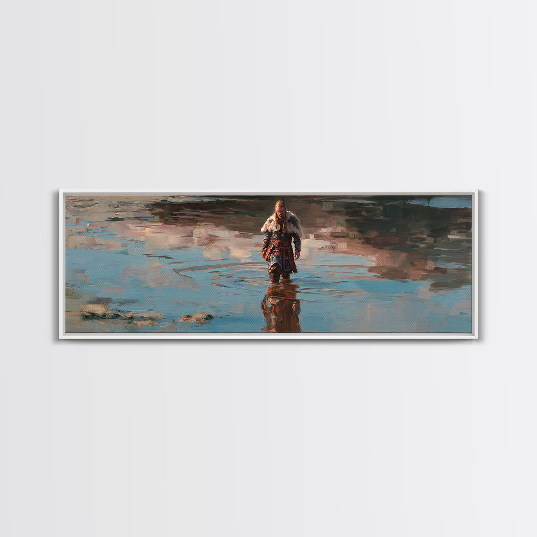 Viking Warrior Walking Through Water Canvas Print, Nordic Fantasy Landscape Wall Art, Rustic Masculine Decor For Home Office