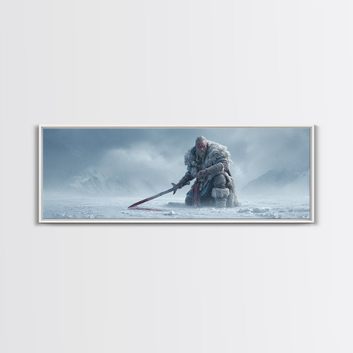 Frost Giant Warrior Kneeling In Snow Framed Canvas Print, Dark Fantasy Wall Art, Winter Mountain Decor, Epic Sword Artwork