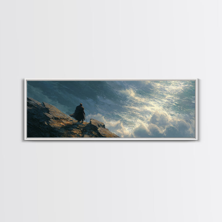 Cloaked Figure Above Crashing Ocean Wall Art, Moody Seascape Framed Canvas Print, Coastal Landscape Living Room Decor Gift