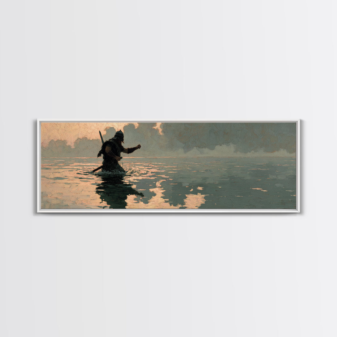 Lone Warrior Wading Through Water Wall Art, Moody Seascape Painting, Dark Fantasy Decor, Cinematic Living Room Print, Gift For Him
