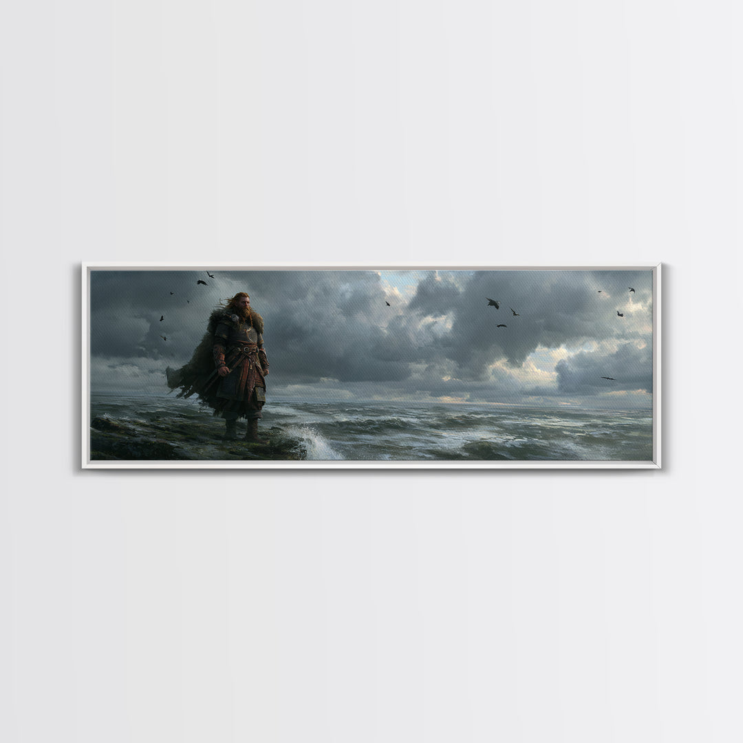 Stormy Viking By Rough Sea Framed Canvas Print, Dark Nordic Warrior Wall Decor, Raven Coastal Fantasy Art For Living Room