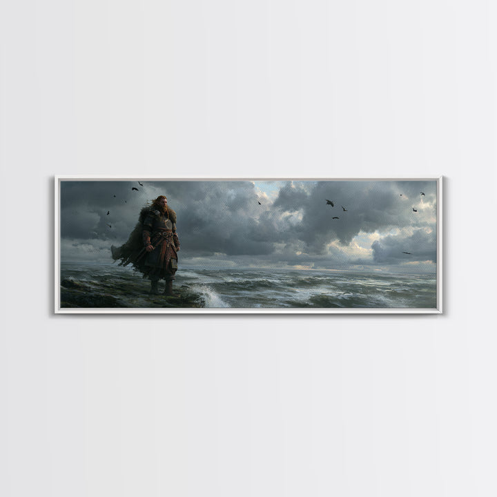 Stormy Viking By Rough Sea Framed Canvas Print, Dark Nordic Warrior Wall Decor, Raven Coastal Fantasy Art For Living Room