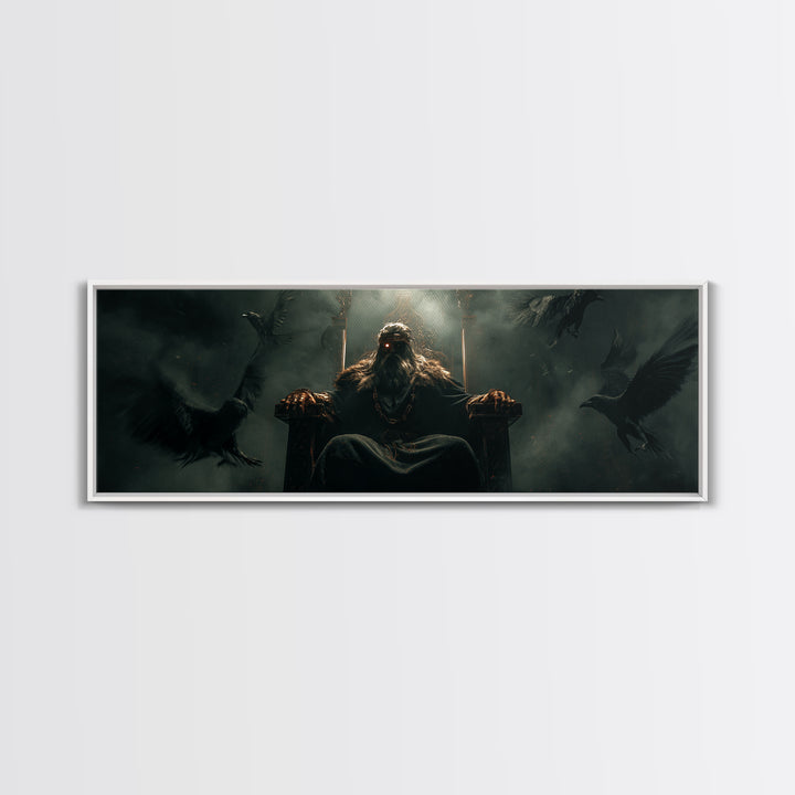 Raven King On Shadow Throne Wall Art, Dark Fantasy Framed Canvas Print, Gothic Castle Decor, Moody Statement Artwork, Game Room Decor
