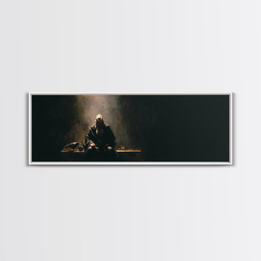 Seated Warrior In Shadow With Raven Framed Canvas Print, Dark Academia Wall Art, Gothic Medieval Decor, Moody Art, Man Cave Decor