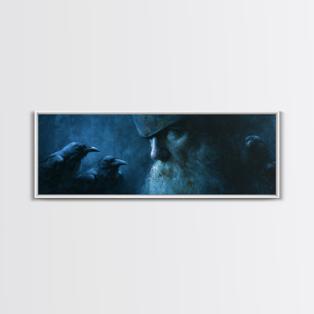 Odin With Ravens In Blue Shadow Canvas Print, Norse Mythology Wall Art, Viking Decor, Dark Academia Gift For Him, Moody Office Decor