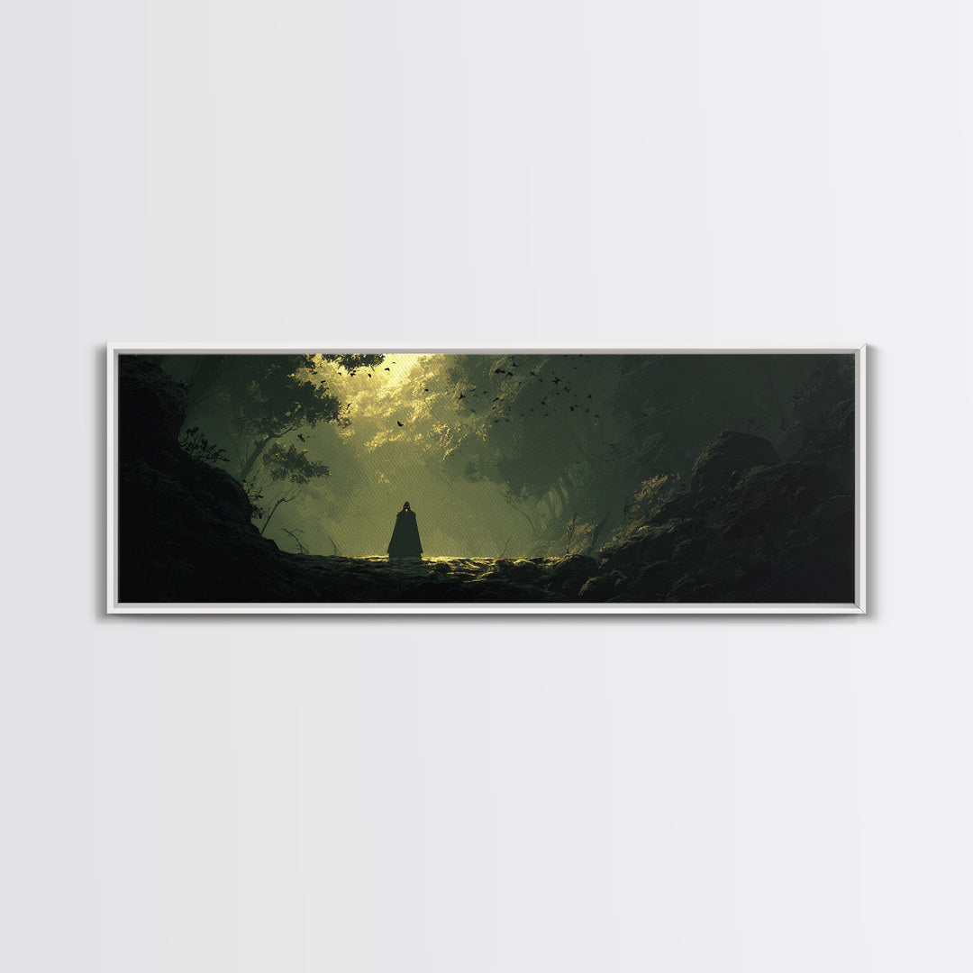 Cloaked Figure In Enchanted Forest Canvas Print, Dark Fantasy Landscape Art, Moody Wall Decor, Gothic Home Decor, Gift For Her