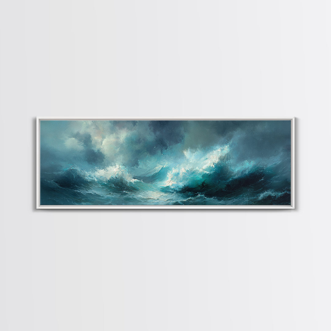 Stormy Teal Ocean Waves Wall Art, Moody Seascape Canvas Print, Coastal Living Room Decor, Large Abstract Ocean Painting Print