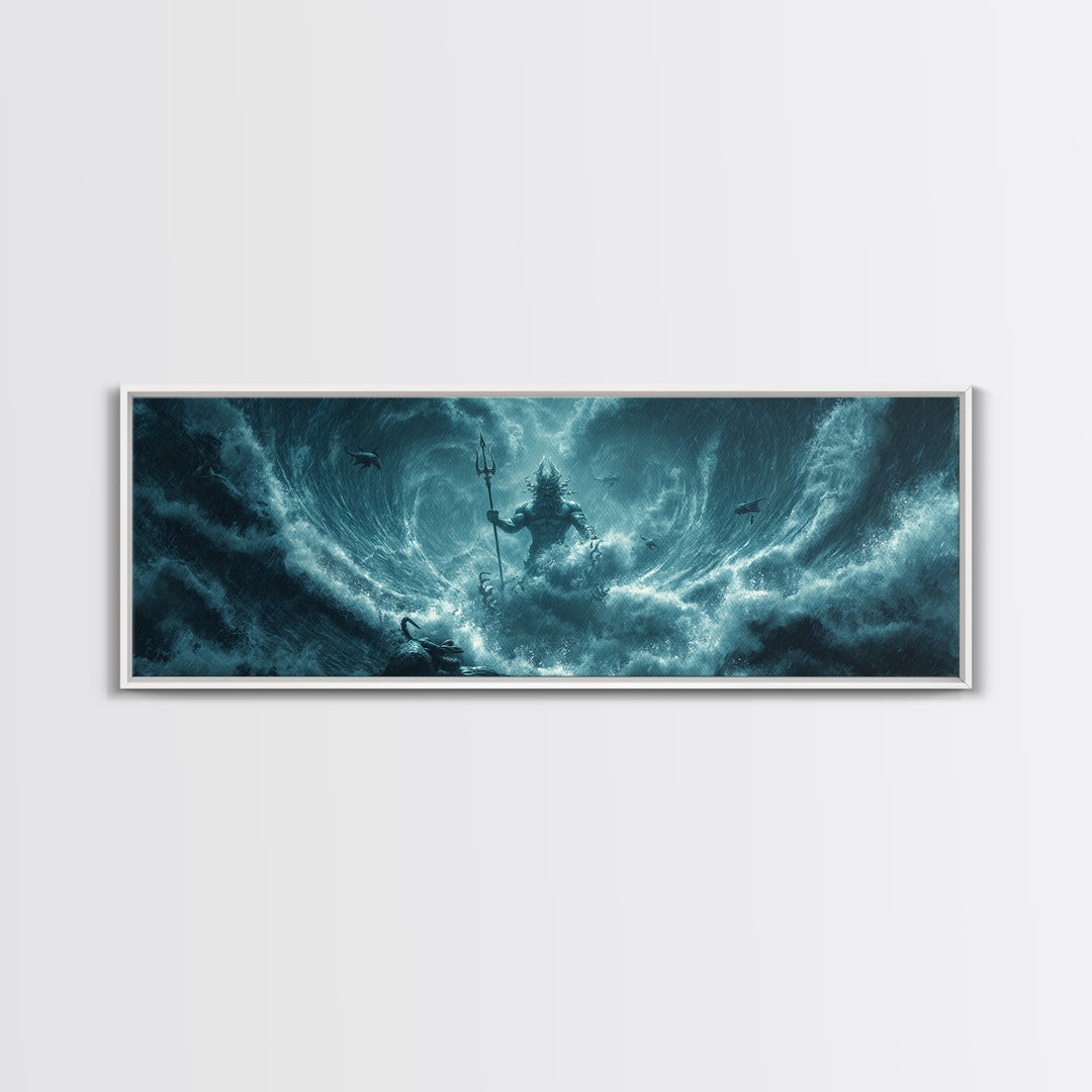 Storm God Rising From Ocean Waves Canvas Print, Poseidon Trident Fantasy Art, Dramatic Nautical Wall Decor For Men, Coastal Storm Artwork
