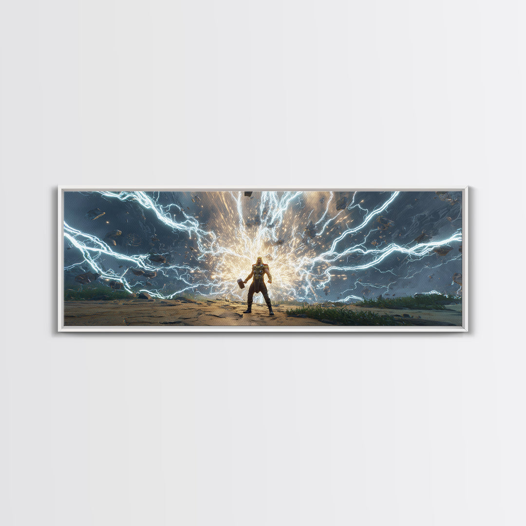 Armored Hero Facing Lightning Portal Canvas Print, Futuristic Sci Fi Wall Art, Cyberpunk Battle Decor, Epic Gaming Room Art