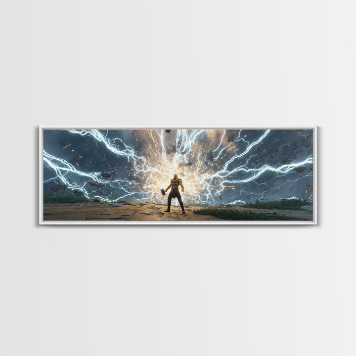 Armored Hero Facing Lightning Portal Canvas Print, Futuristic Sci Fi Wall Art, Cyberpunk Battle Decor, Epic Gaming Room Art