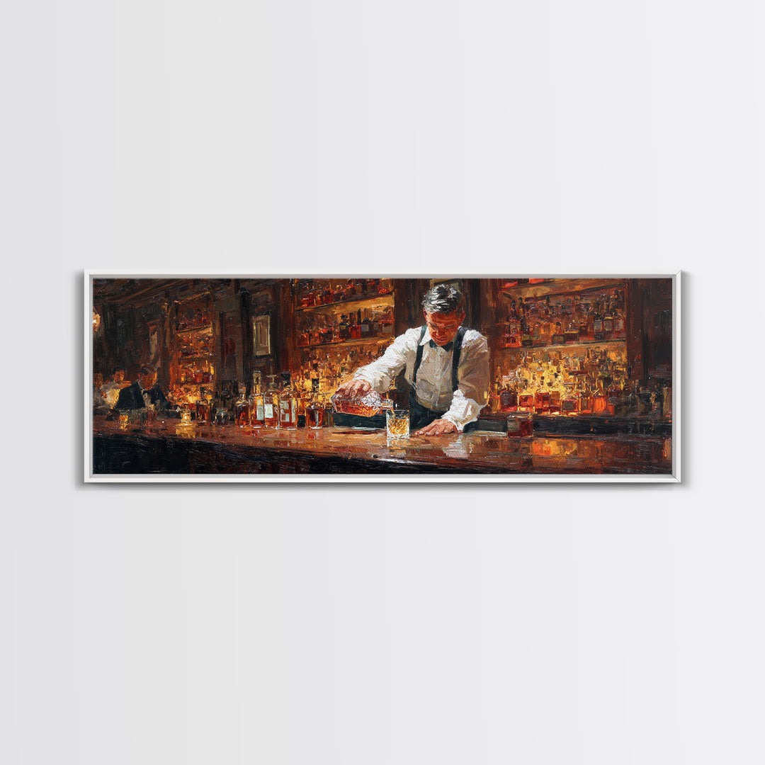 Bartender Pouring Whiskey In Classic Bar Wall Art, Speakeasy Oil Painting Canvas, Masculine Home Bar Decor Print, Gift For Him