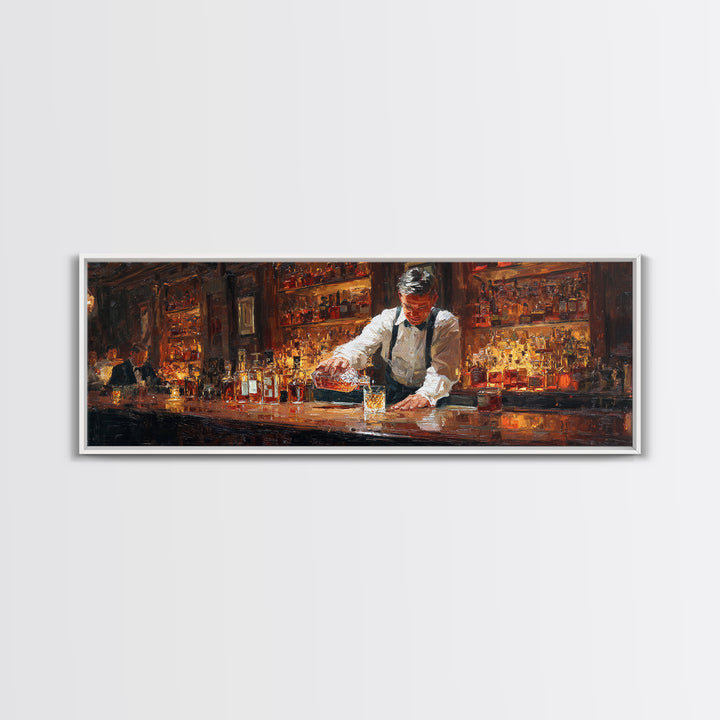 Bartender Pouring Whiskey In Classic Bar Wall Art, Speakeasy Oil Painting Canvas, Masculine Home Bar Decor Print, Gift For Him
