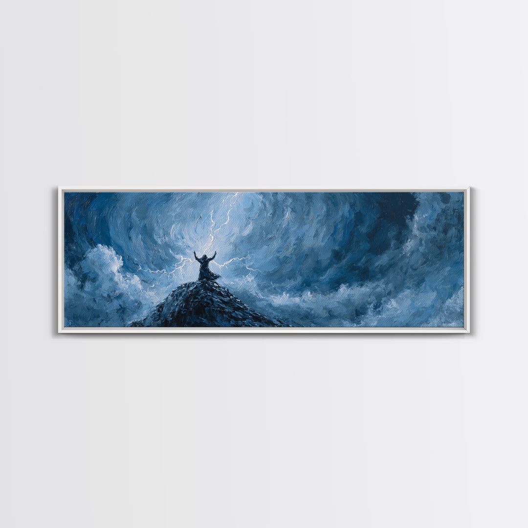 Lone Viking On Stormy Peak Canvas Print, Lightning Sky Wall Art, Norse Mythology Decor, Dramatic Mountain Artwork Gift For Him