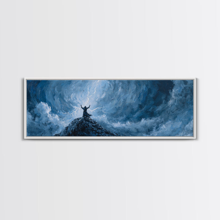 Lone Viking On Stormy Peak Canvas Print, Lightning Sky Wall Art, Norse Mythology Decor, Dramatic Mountain Artwork Gift For Him