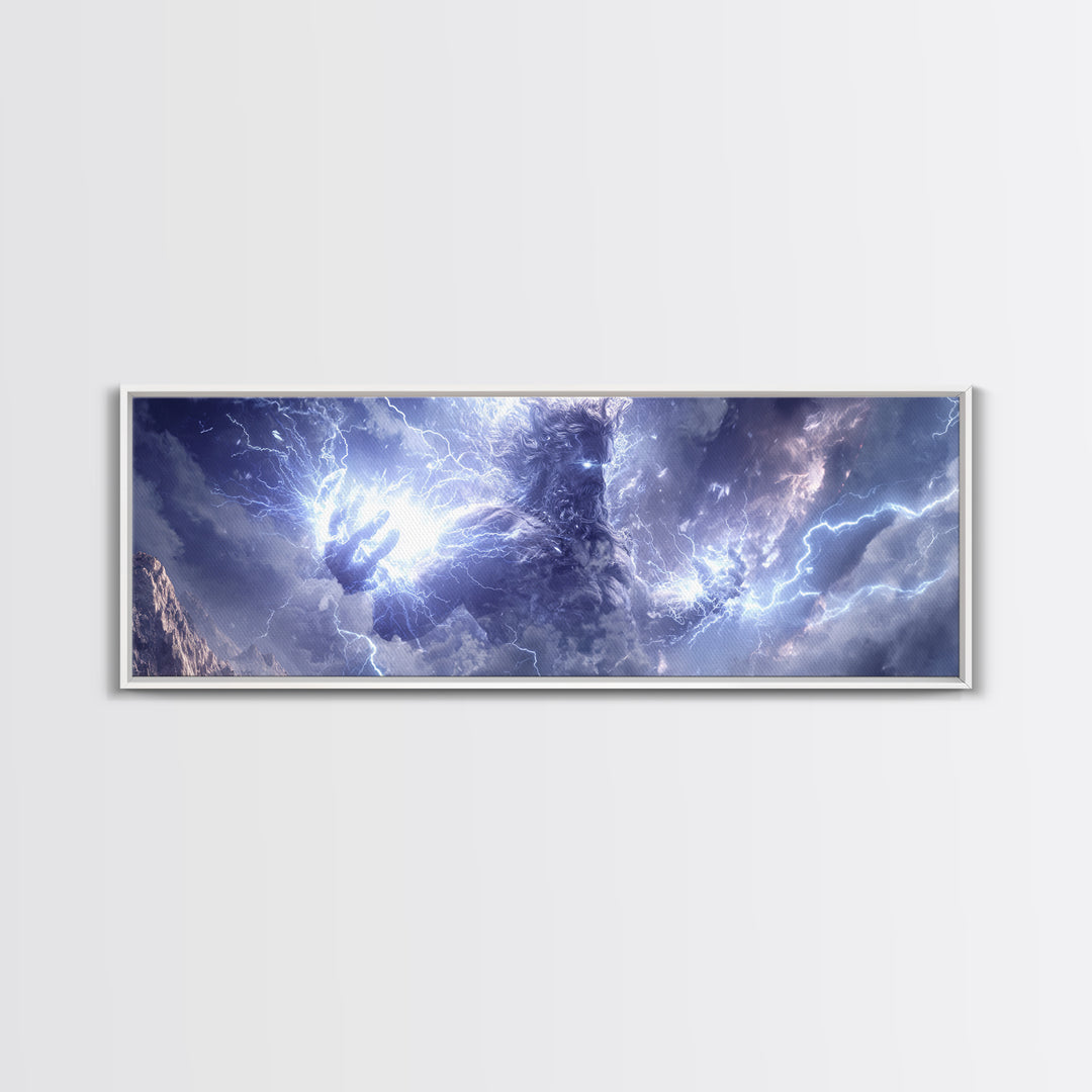 Colossal Storm Titan Wielding Lightning Canvas Print, Mythological Fantasy Wall Art, Thunder God Decor, Epic Mountain Artwork