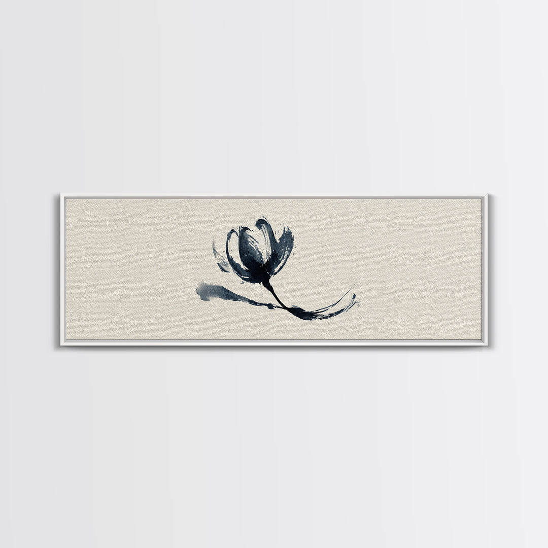 Minimalist Ink Flower On Textured Linen Wall Art, Botanical Canvas Print, Neutral Floral Decor, Japandi Bedroom Wall Art