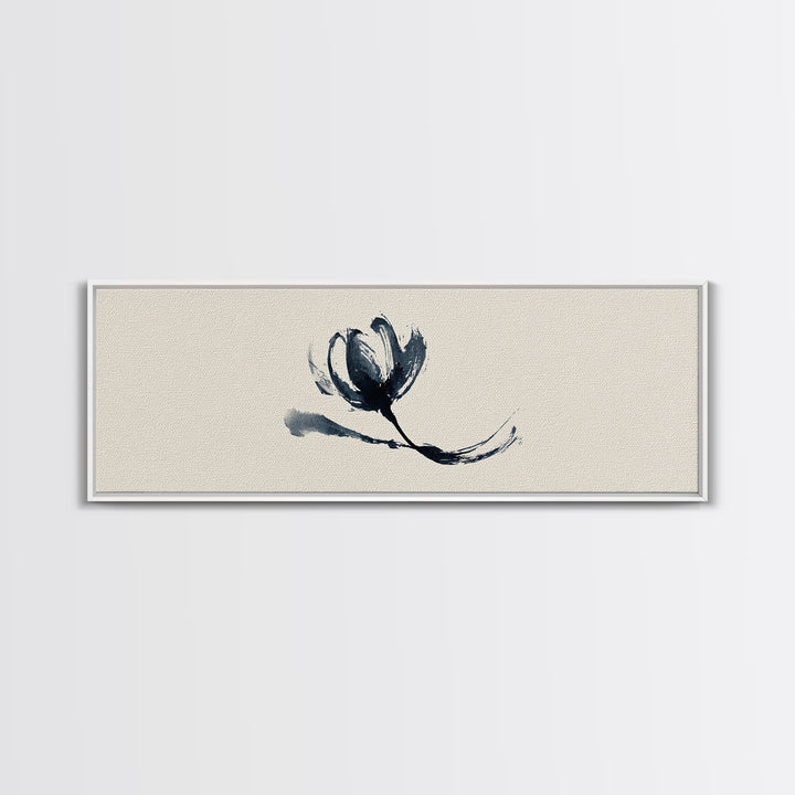 Minimalist Ink Flower On Textured Linen Wall Art, Botanical Canvas Print, Neutral Floral Decor, Japandi Bedroom Wall Art