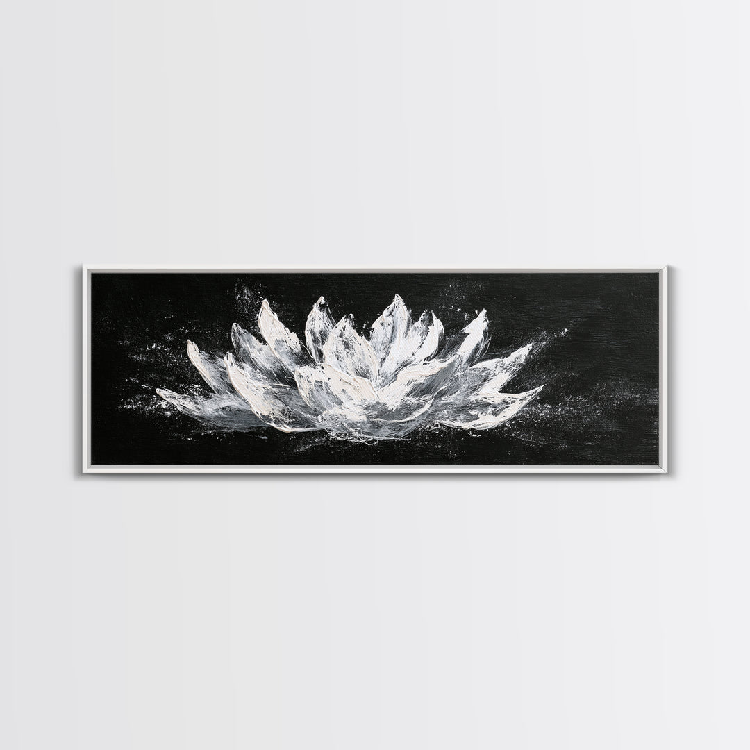 Black And White Lotus Flower Canvas Print, Textured Floral Painting, Minimalist Spa Decor, Elegant Modern Bathroom Wall Art