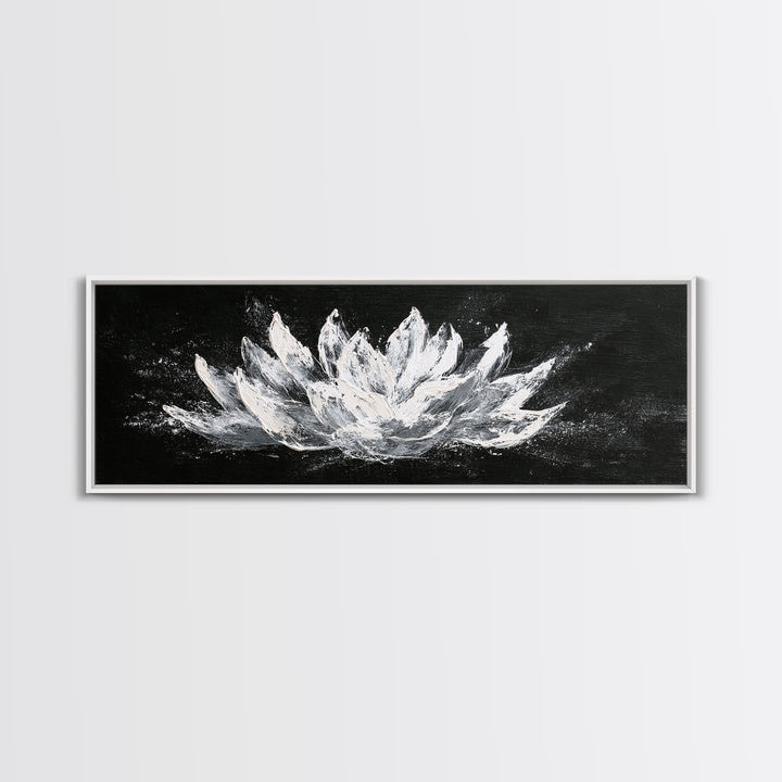 Black And White Lotus Flower Canvas Print, Textured Floral Painting, Minimalist Spa Decor, Elegant Modern Bathroom Wall Art